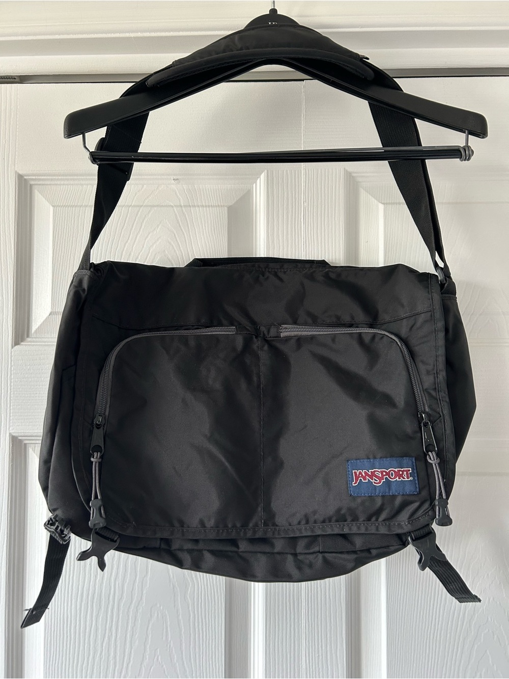 Jansport Black Nylon Messenger Bag with Front Zip Pockets